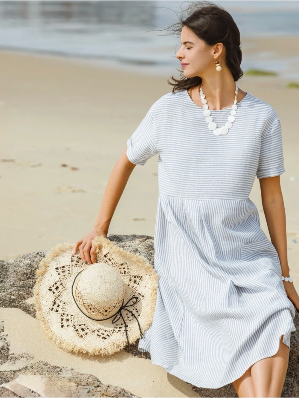 Lintico 100% Linen Pinstriped Short-Sleeved Morgan Dress in Light Blue XL